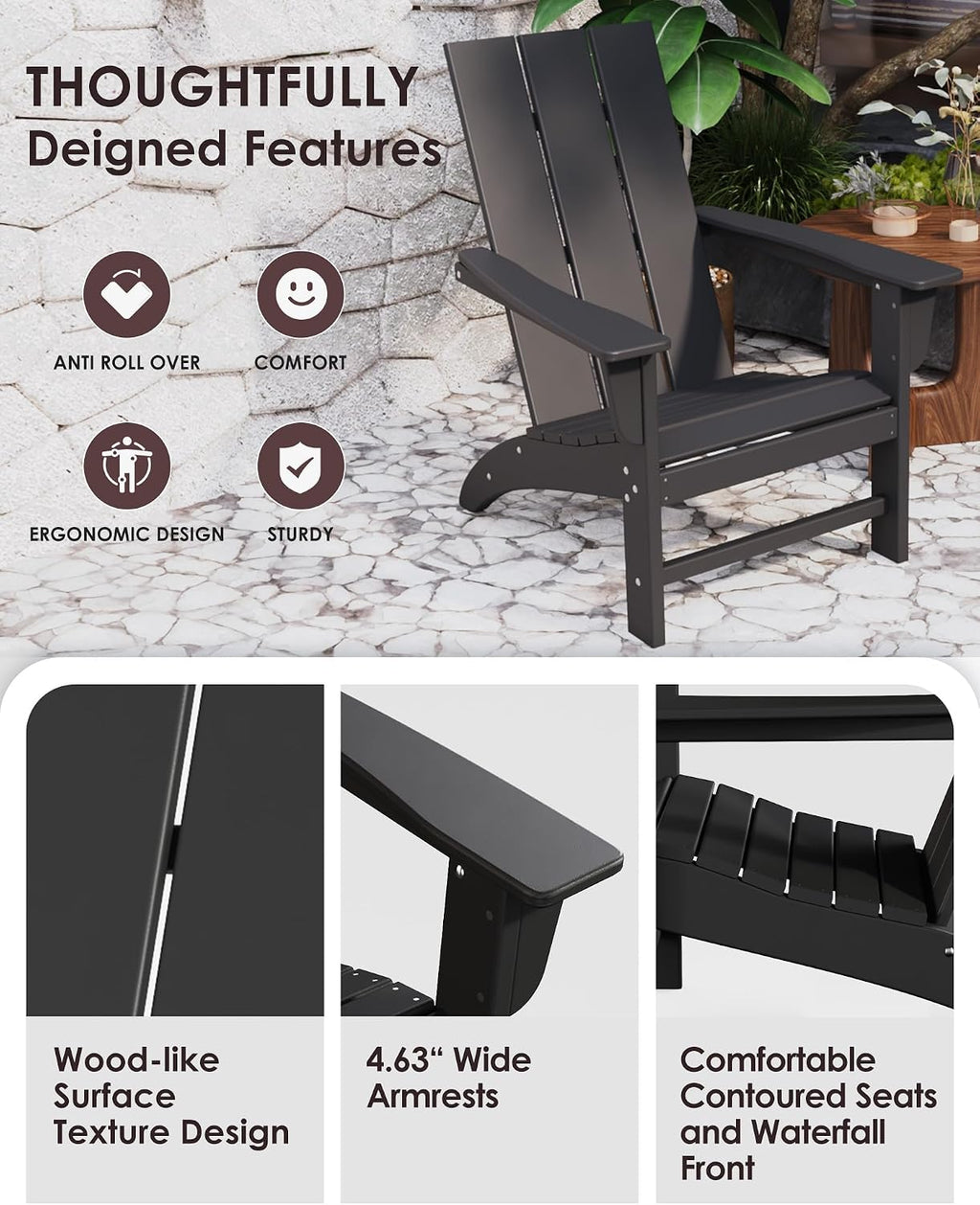 Poly Lumber Adirondack Chair, All-Weather Resistant Outdoor Patio Chairs, Look Like Wood, Pre-Assembled Outdoor Fire Pit Chair for Pool, Deck, Backyard, Garden, Black