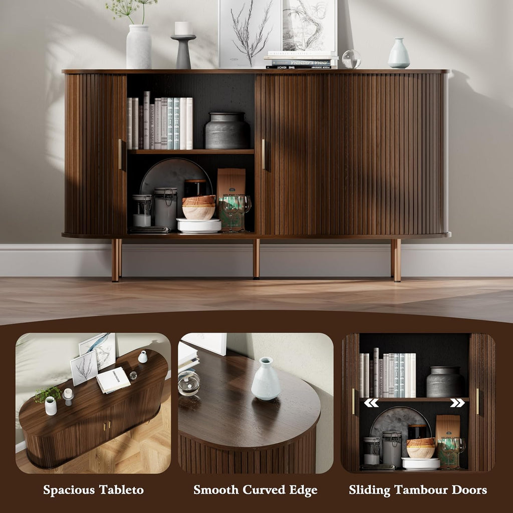 DHH Sideboard Buffet Cabinet with Storage,Mid Century Modern Fluted Accent Coffee Bar Console Table,Tambour Sliding Doors& Adjustable Shelf for Kitchen, Living Room, Entryway(Walnut,55 Inch)