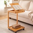 Solid Wood C Shaped End Table, Couch Table with Adjustable Desktop and 2 Lockable Wheels, Small Side Table with Storage, Multi-Functional Laptop Stand & Snack Table for Living Room, Bedroom