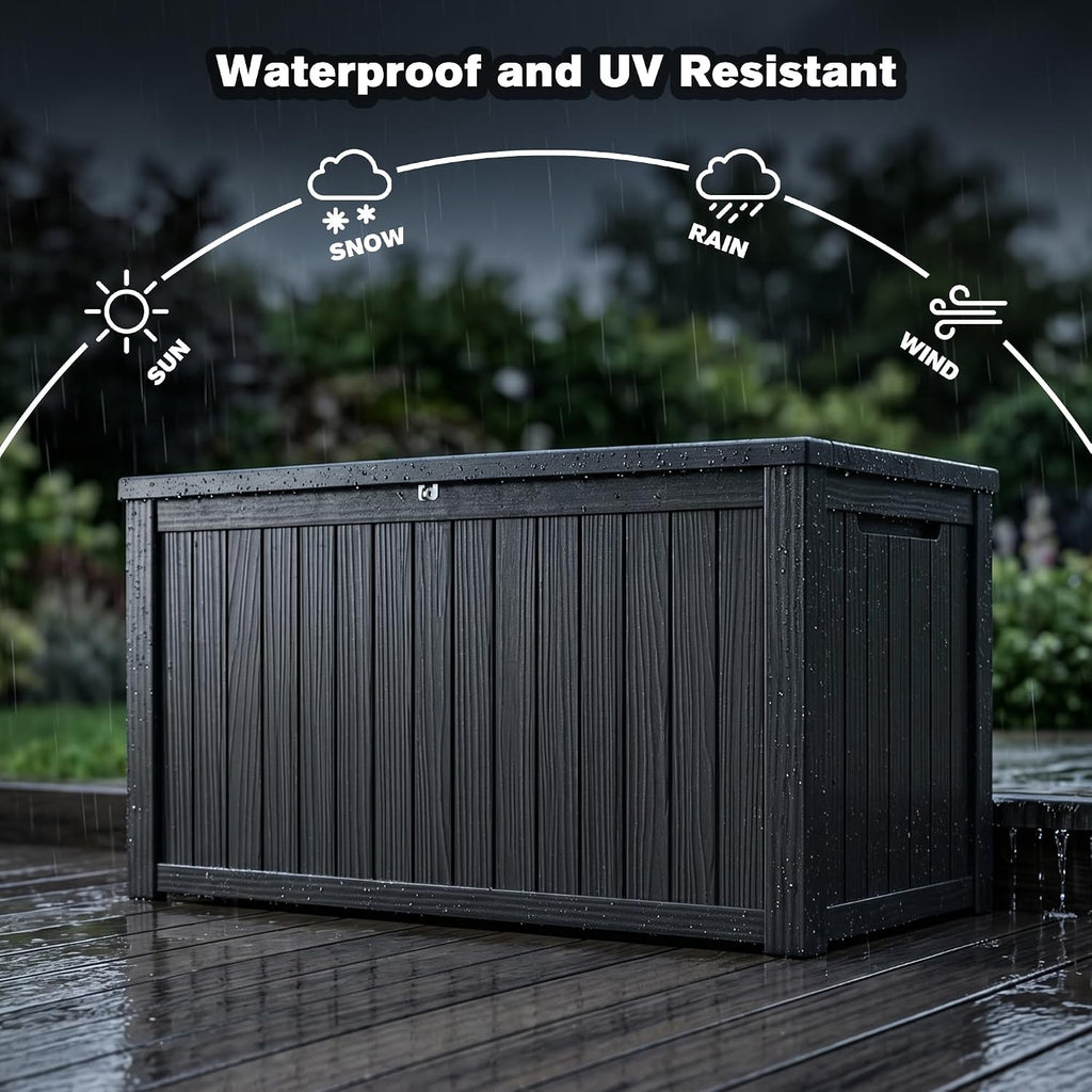XXL Deck Box Outdoor Storage, Large Waterproof Resin Patio Furniture Cushion Organizer, Heavy Duty Lockable Garden Bench with Double-Wall Construction, Wood Grain Black (180, Gallons)