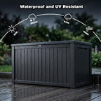 XXL Deck Box Outdoor Storage, Large Waterproof Resin Patio Furniture Cushion Organizer, Heavy Duty Lockable Garden Bench with Double-Wall Construction, Wood Grain Black (180, Gallons)
