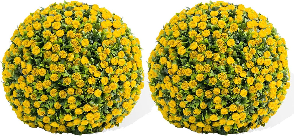 22 Inch Yellow Faux Rose Flower Spheres, 2 Pack Artificial Rose Topiary Balls with Hanging Chains and Zip Ties, Weatherproof Fake Floral Ornaments for Porch Patio Garden Indoor Wedding Decoration