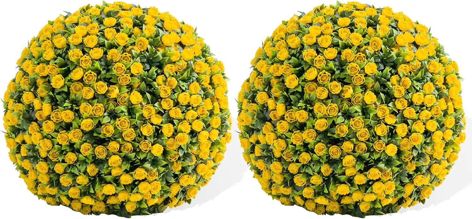 22 Inch Yellow Faux Rose Flower Spheres, 2 Pack Artificial Rose Topiary Balls with Hanging Chains and Zip Ties, Weatherproof Fake Floral Ornaments for Porch Patio Garden Indoor Wedding Decoration
