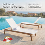 Menlo Stacking Teak & Sling Chaise Lounge Set of 2 — Grade A Teak Adjustable Pool Chairs with Wheels & 5-Position Backrest — Luxury Fully Assembled Poolside Furniture (White)