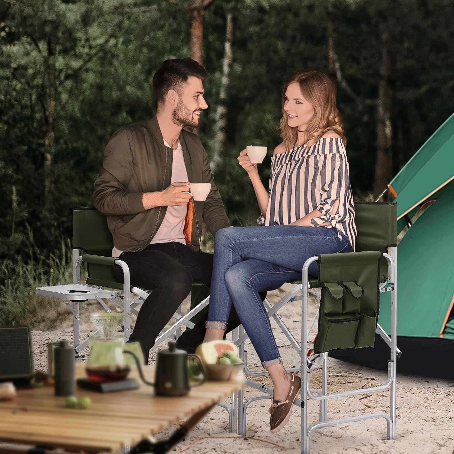 Directors Chair, 31“Tall Foldable Camping Chairs, Folding Aluminum Frame Vanity Chair, Makeup Artist Chair, Portable Camping Chair with Side Table, Cup Holder and Pockets, 250lbs Capacity (Green)