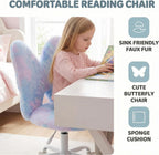 chairus Kids Desk Chair Butterfly Faux Fur Study Chair for Teenage Girls Adjustable Kids Vanity Chair for Bedroom Reading Living Room, Small Cute Student Task Chair with White Foot, Baby Blue
