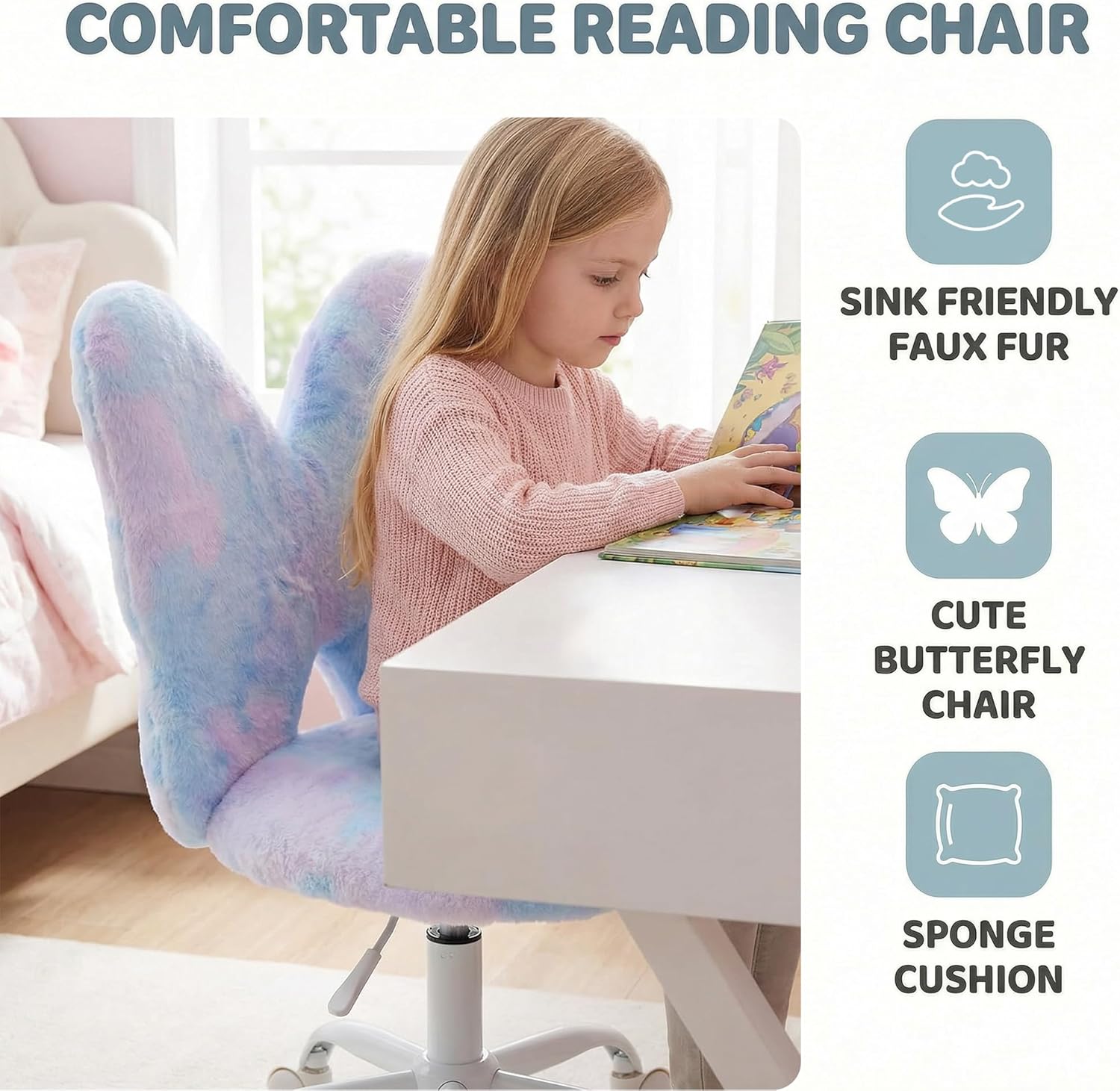 chairus Kids Desk Chair Butterfly Faux Fur Study Chair for Teenage Girls Adjustable Kids Vanity Chair for Bedroom Reading Living Room, Small Cute Student Task Chair with White Foot, Baby Blue