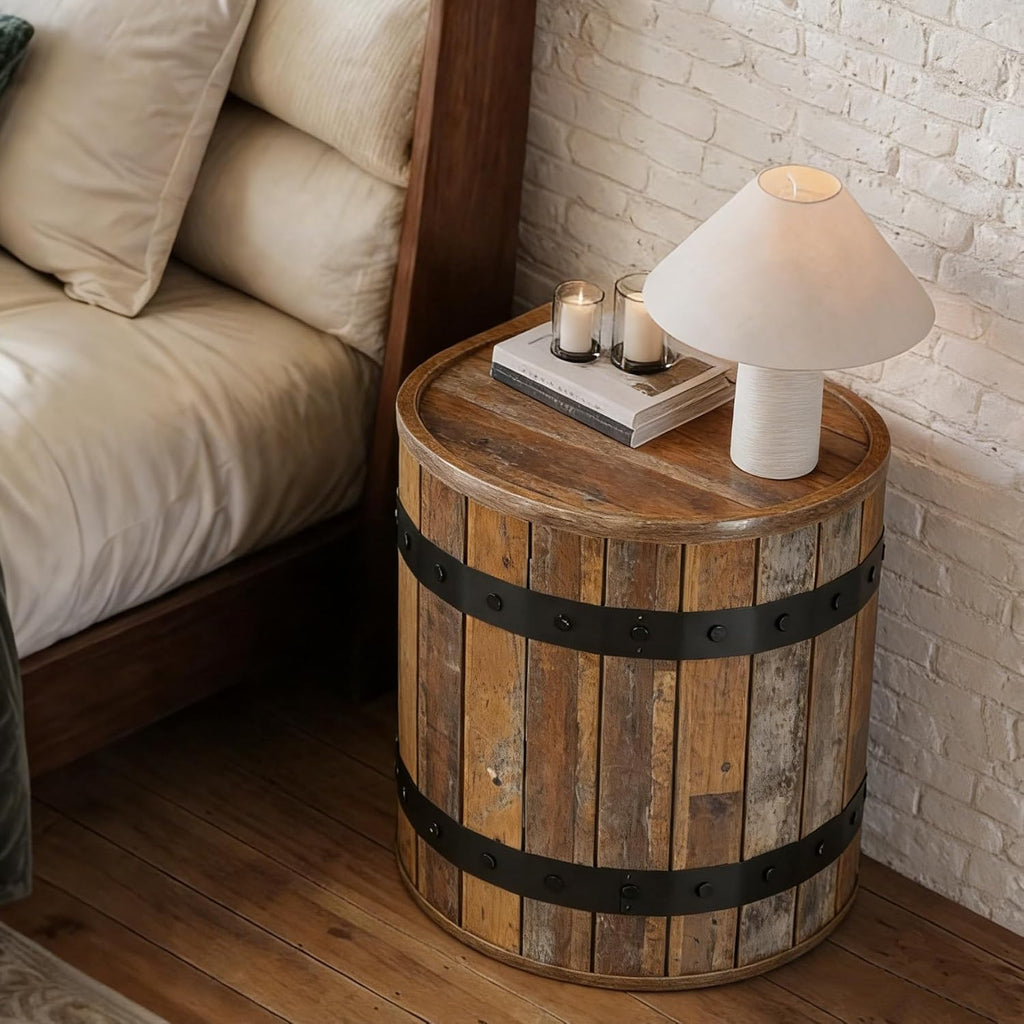 Tribesigns Barrel Side Table with Hidden Storage, 19.68" Farmhouse Round Rustic Wood End Table with Removable Lid, 24" Tall Sofa Side Bedside Nightstand for Living Room (1 PCS)