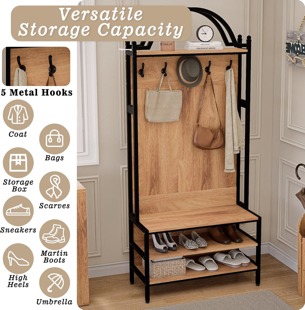 76.8" Hall Tree with Bench and Shoe Storage, 6-in-1 Entryway Coat Rack with 5 Hooks, Arched Hall Tree for Entryway, Mudroom or Foyer, Metal Frame Shoe Organizer with Open Bottom Shelf, Natural