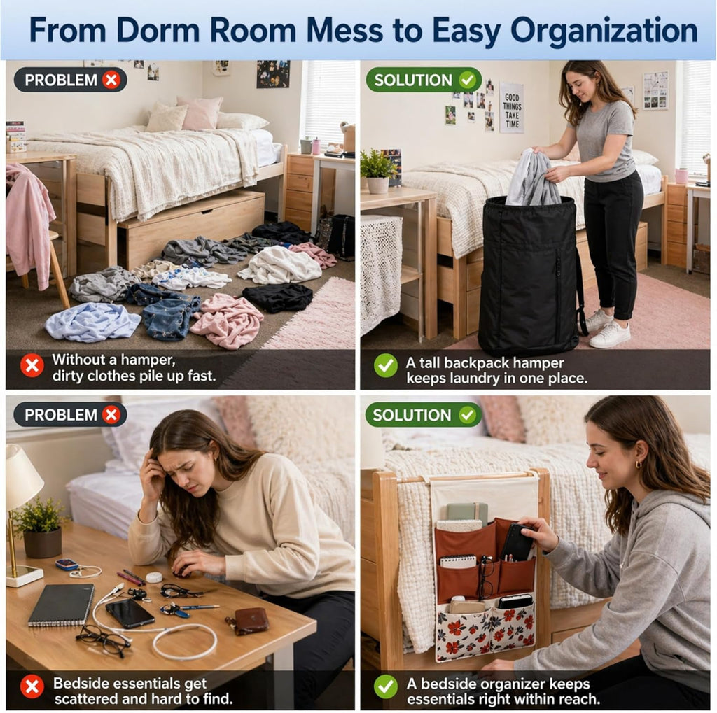 Dorm Room Essentials Set, 5-Piece College Dorm Essentials Kit for Girls & Guys, Laundry Backpack Hamper, Shower Caddy, Bedside Organizer, LED Light, Removable Wall Hooks