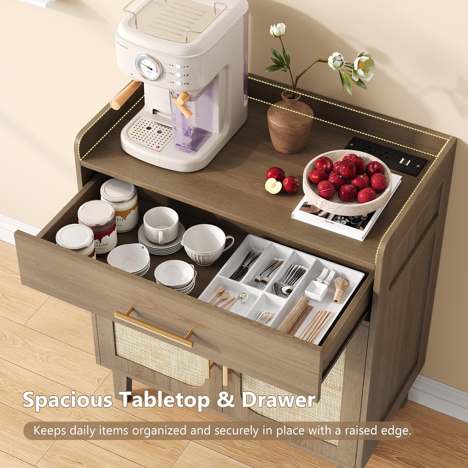 30" Rattan Sideboard Buffet Cabinet with Storage and Drawer, Boho Coffee Bar with Charging Station, Wood Accent Cabinet with Adjustable Shelf & 2 Door for Kitchen, Living Room, Entryway, Brown