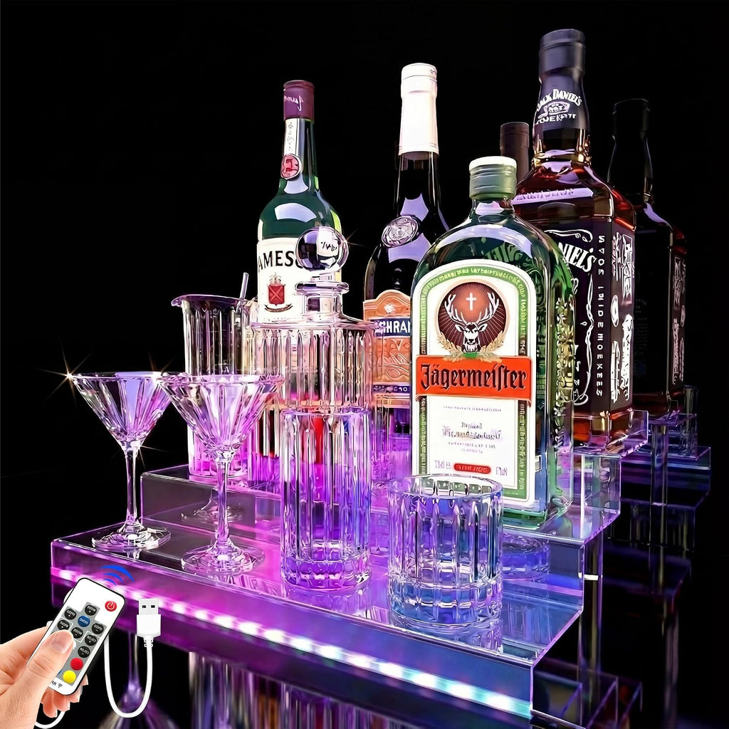 YMVV LED Lighted Liquor Bottle Acrylic Display, 3 Tiers 15.7 Inch LED Liquor Shelves with RF Remote, Liquor Bottle Accessories Shelf for Home Bar