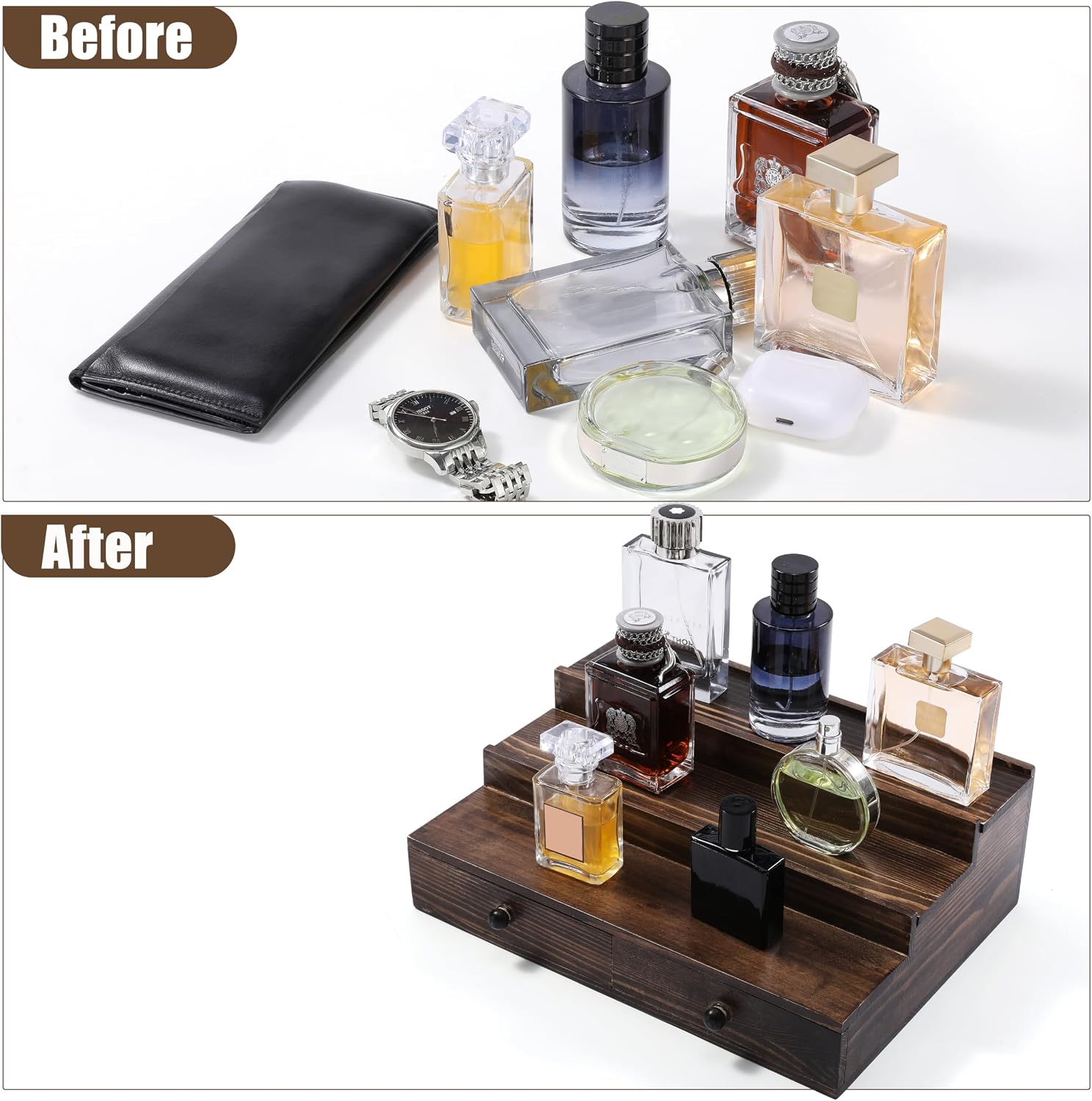 Boulphia Cologne Organizer for Men, 3-Tier Cologne Stand with Drawer and Hidden Compartment, Wooden Cologne Shelf for Perfume Display Holder, Great Gifts for Men, Vintage