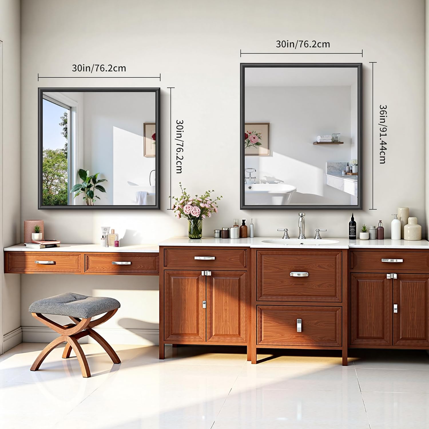 30x30 Square Black Mirror, Raised Metal Framed Bathroom Mirrors for Over Sink, Shatterproof Tempered Glass, Anti-Rust, Brushed Black Modern Vanity Mirrors for Bedroom, Living Room and Entryway