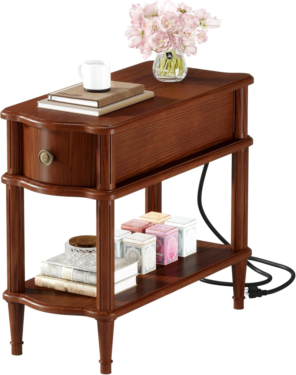 Nightstand with Charging Station & Drawer, Pre-Assembled Vintage Side Table with Shelf, Rustic Wood Finish Narrow End Table with Turned Legs for Bedroom Living Room, Caramel Walnut Brown, 1Pc