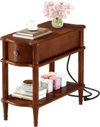 Nightstand with Charging Station & Drawer, Pre-Assembled Vintage Side Table with Shelf, Rustic Wood Finish Narrow End Table with Turned Legs for Bedroom Living Room, Caramel Walnut Brown, 1Pc