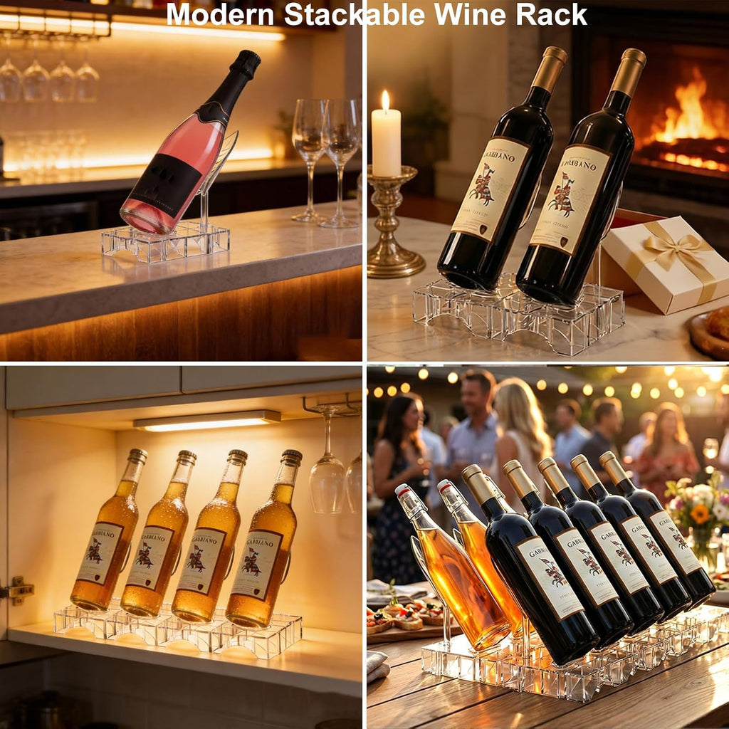 Acrylic Wine Rack Countertop, Expandable Modular Wine Bottle Display Stand, Clear Wine Holder for Home Bar Decor, Kitchen, Small Spaces, Dinner Parties & Gifts (4)
