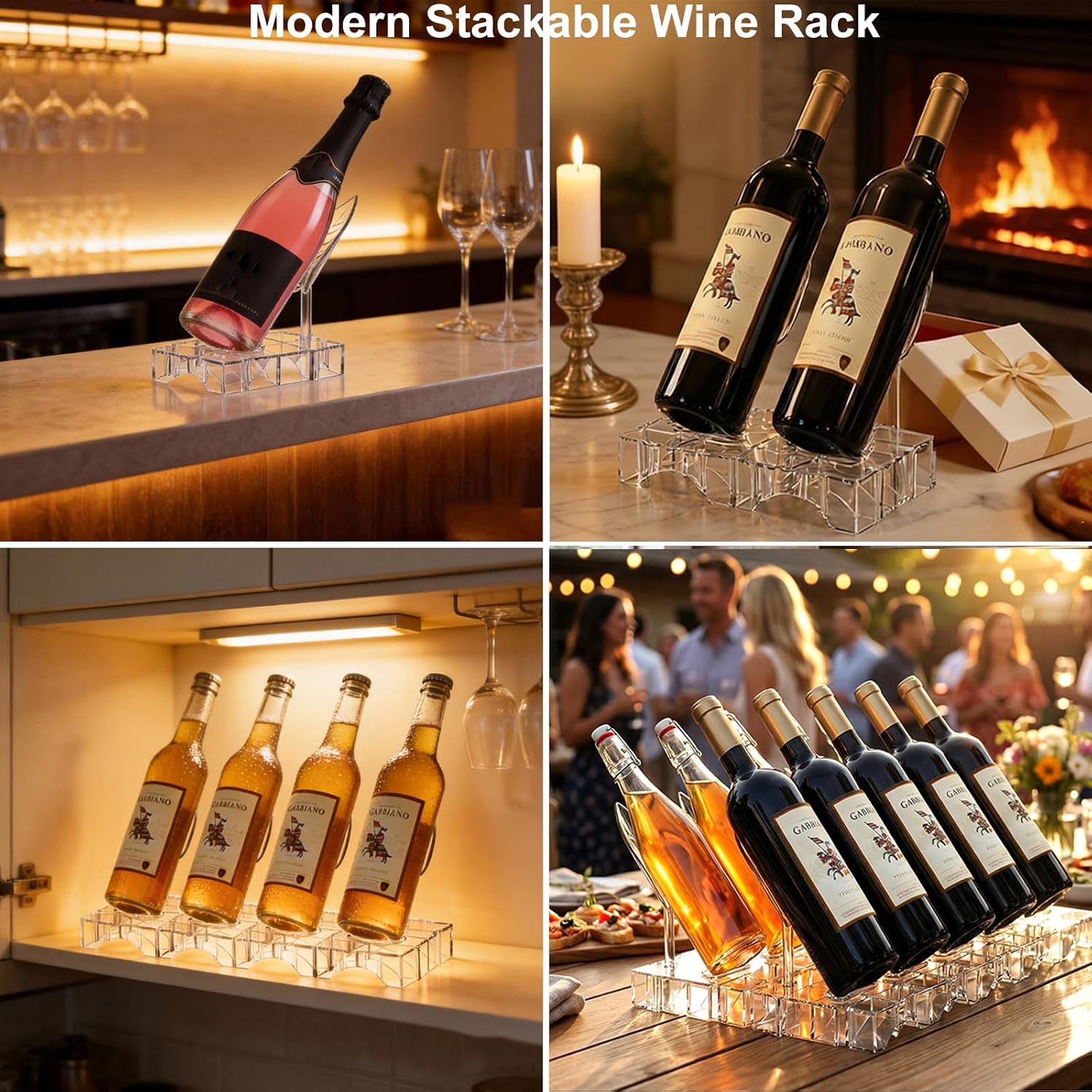 Acrylic Wine Rack Countertop, Expandable Modular Wine Bottle Display Stand, Clear Wine Holder for Home Bar Decor, Kitchen, Small Spaces, Dinner Parties & Gifts (4)
