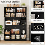 BOTLOG 72" Tall Black Pantry Cabinet, Kitchen Hutch with Wine Rack, Microwave Stand, Buffet Cabinet with Hutch for Dining Room Kitchen, Home Bar Black