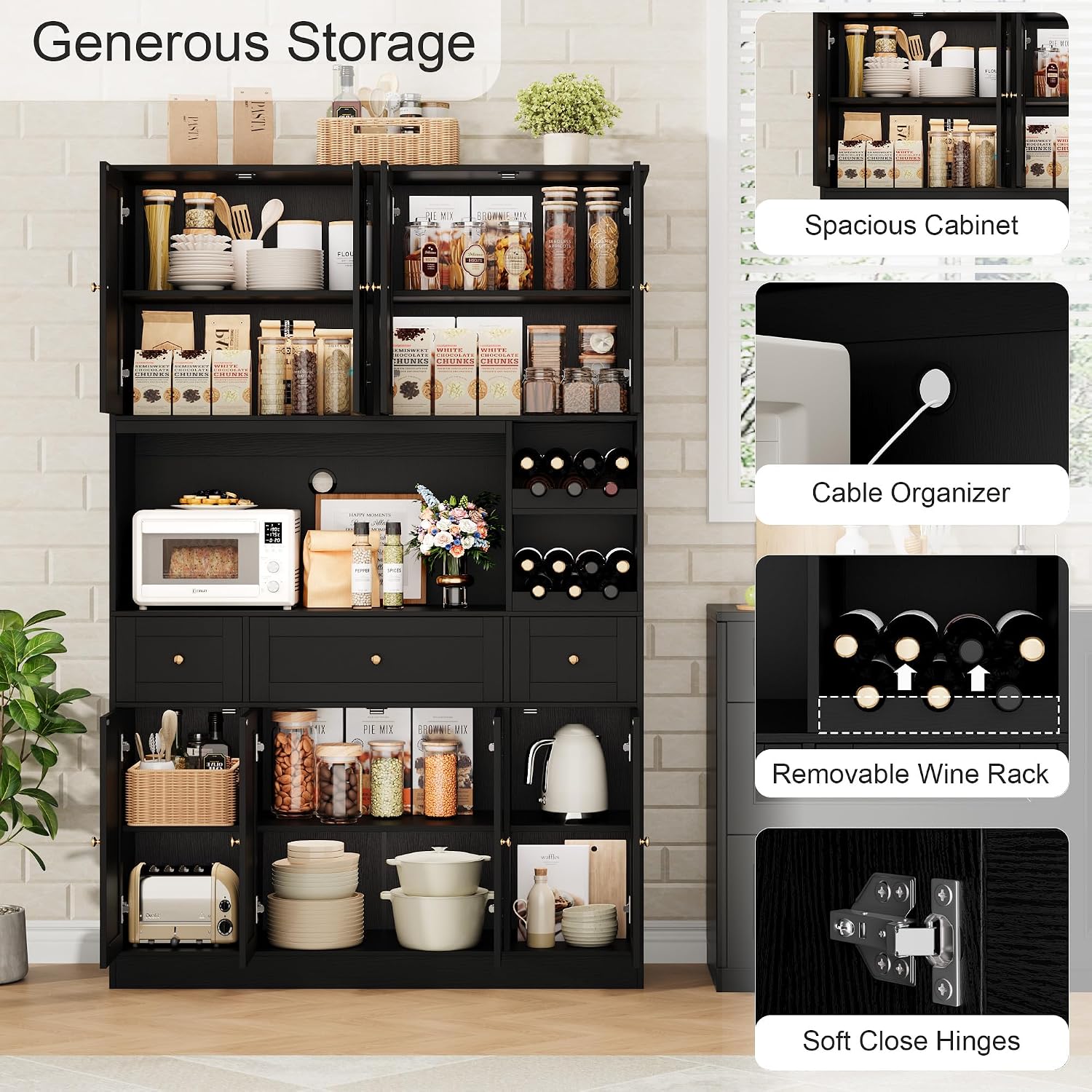 BOTLOG 72" Tall Black Pantry Cabinet, Kitchen Hutch with Wine Rack, Microwave Stand, Buffet Cabinet with Hutch for Dining Room Kitchen, Home Bar Black