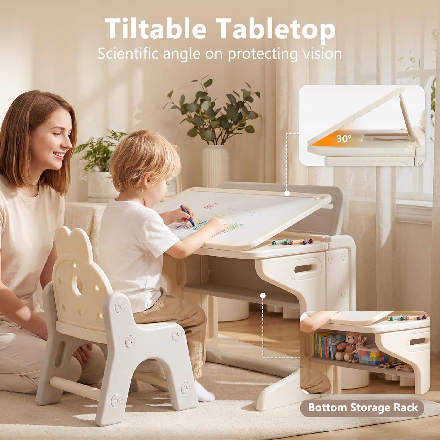 Kinder King Kids Table & Chair Set, Folding Children Activity Table w/Tilt Tabletop, Graffiti & Building Blocks, Book Stand, Storage, Toddler Furniture Set for Classroom, Daycare, Home, Age 3+, Beige
