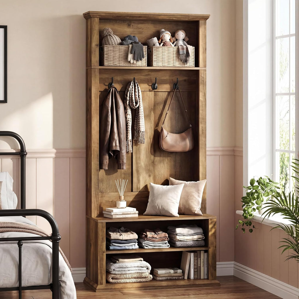 Tribesigns Hall Tree with Bench and Shoe Storage, 70.89" Tall Hall Tree with Coat Hooks, Open Shoe Shelves and Top Display Shelf, Entryway Coat Rack for Mudroom, Hallway, Bedroom, Rustic Brown
