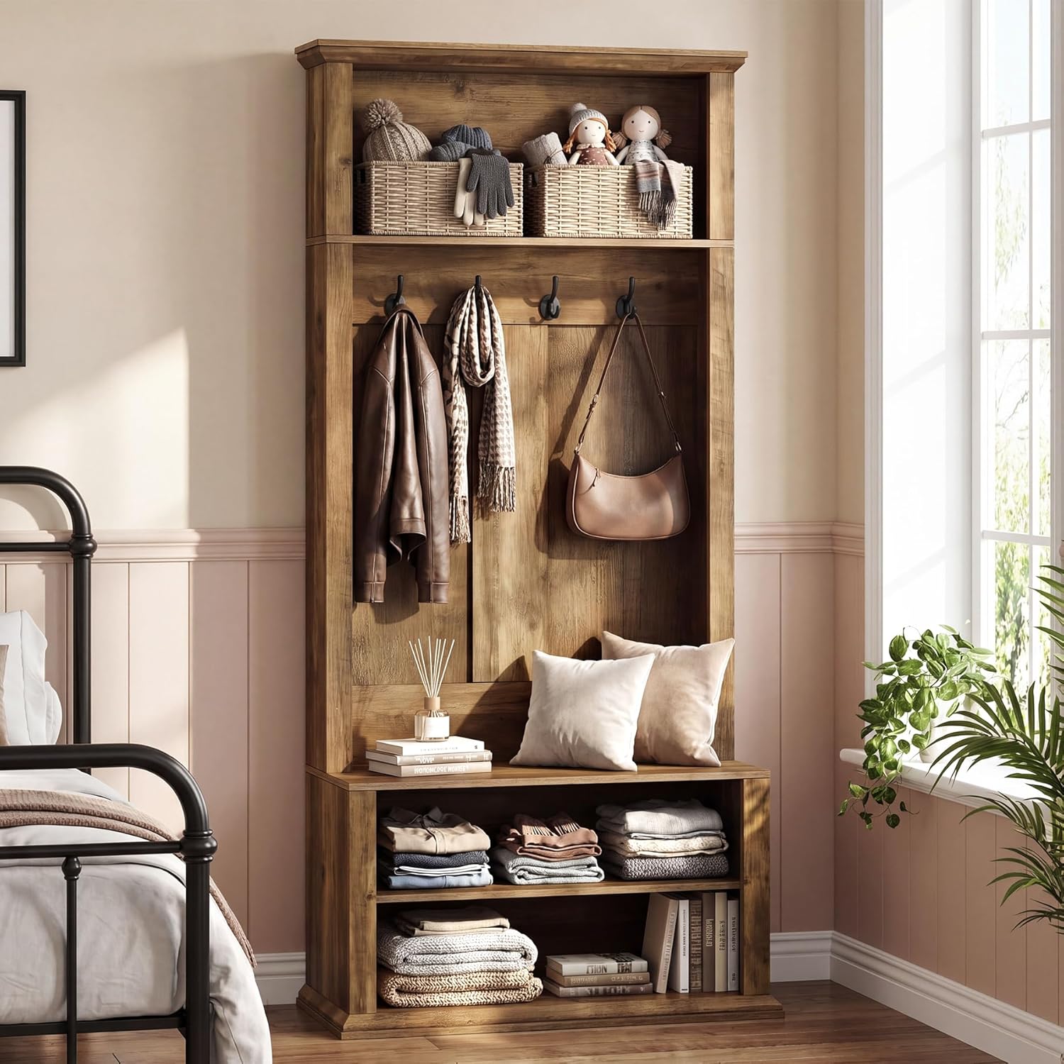 Tribesigns Hall Tree with Bench and Shoe Storage, 70.89" Tall Hall Tree with Coat Hooks, Open Shoe Shelves and Top Display Shelf, Entryway Coat Rack for Mudroom, Hallway, Bedroom, Rustic Brown