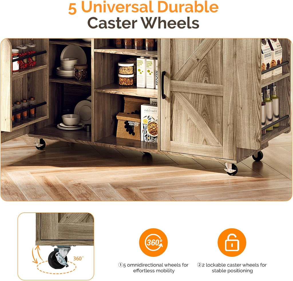 VINGLI Kitchen Island with Storage, 52" Rolling Kitchen Cart with 3 Drawers & Shelves, Drop Leaf Design, Mobile Island with Barn Doors, Towel & Spice Rack for Kitchen & Dining, Grey Brown Oak