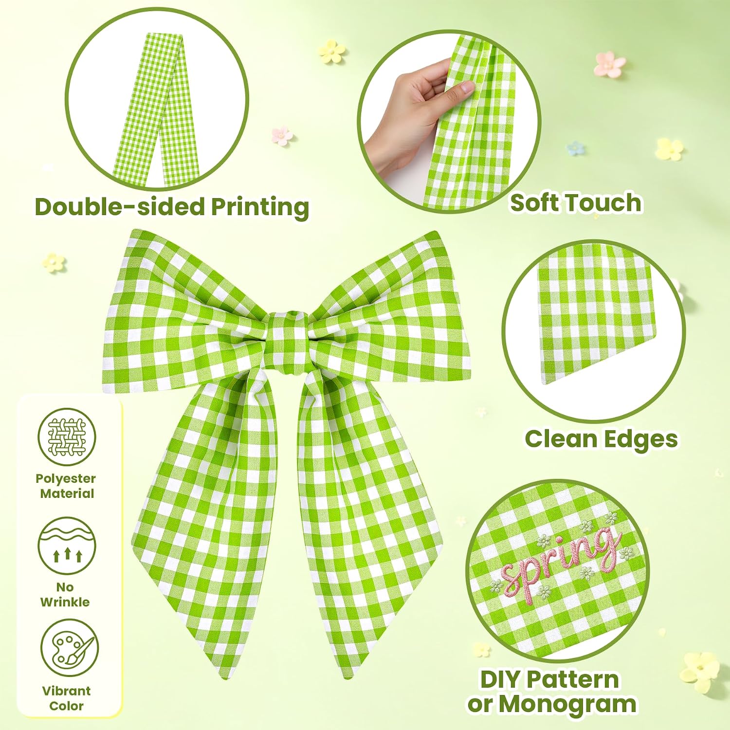 Spring Wreath Sash, 56 Inch Green and White Plaid Front Door Wreath Sash for Holiday Indoor Outdoor Decorations, 1 Pcs
