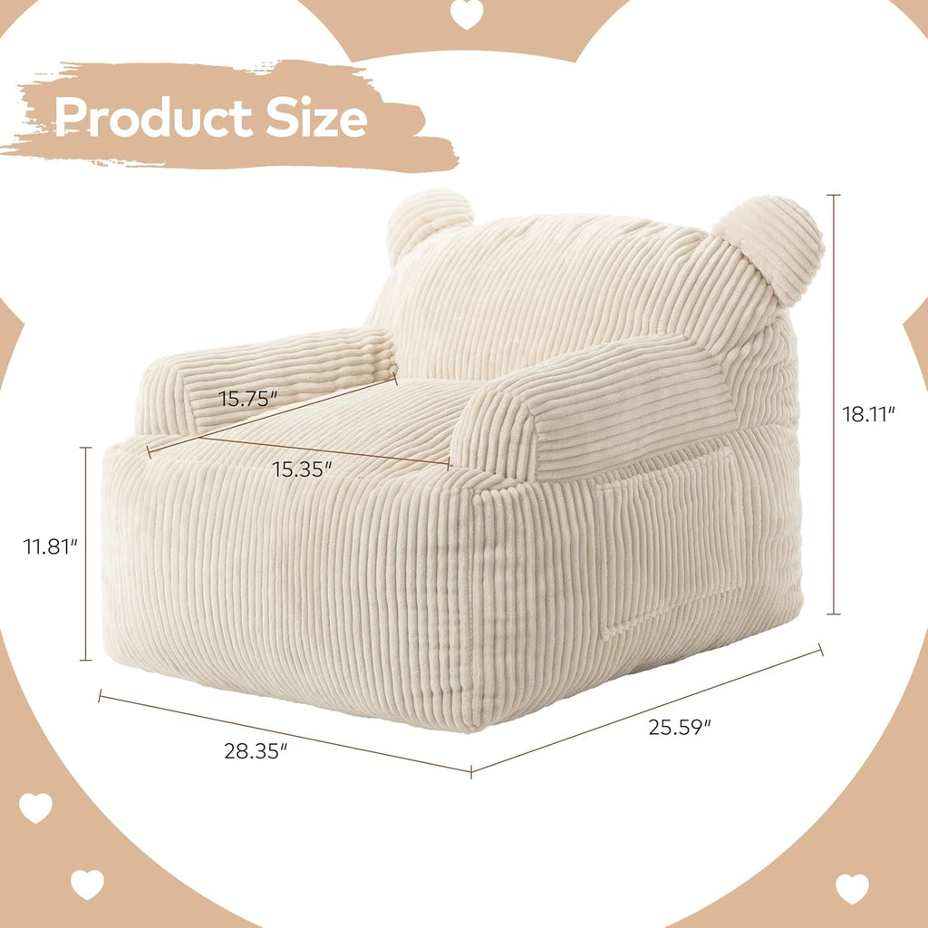 Kids Bear Ear Bean Bag Chair, Stuffed Toddler Sofa Chair with Pocket, Lazy Floor Chair for Boys and Girls, for Gaming, Reading, Nursery Playroom Bedroom