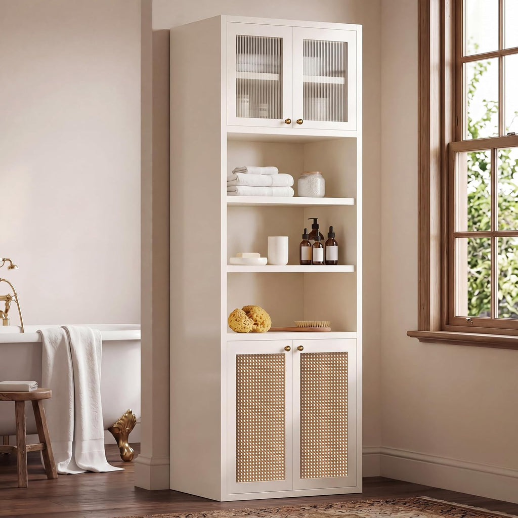 71.3''Tall Kitchen Pantry Cabinet with Oversized Open Shelf & Coffee Station,Tall Extra Deep Enclosed Storage, Fluted Rattan Doors,Adjustable Shelves, Anti-Tip, for Multi-Room Use,White