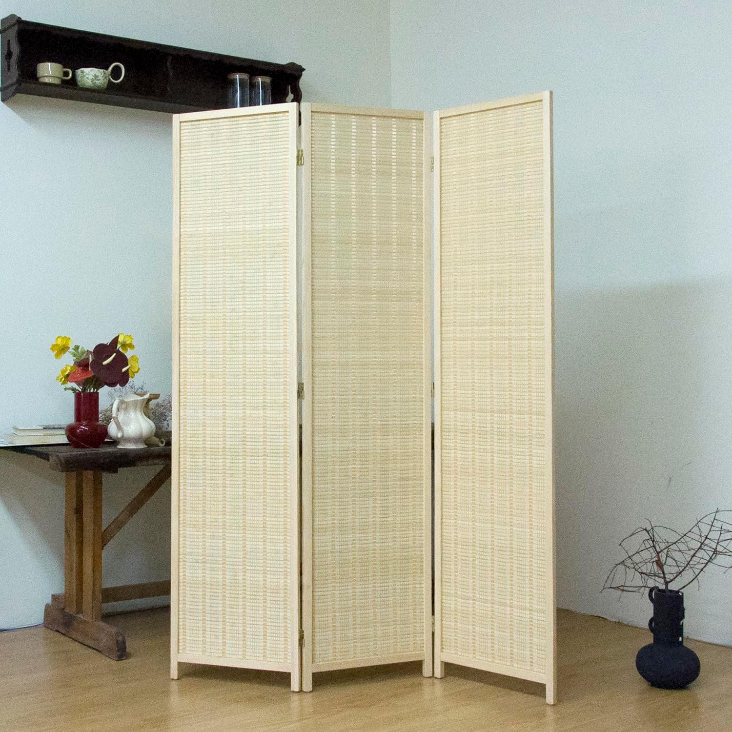 3-Panel Bamboo Room Divider - 5.6 ft Tall Beige Folding Privacy Screen, Double-Sided Freestanding Partition Wall with Natural Wood Frame for Home Office & Corner Privacy