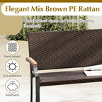 Tangkula Stackable Patio Wicker Loveseat Bench, 2-Person Rattan Outdoor Bench with Acacia Wood Armrests & Metal Frame, Rattan Conversation Furniture for Backyard, Garden, Balcony, Porch (1,Mix Brown)