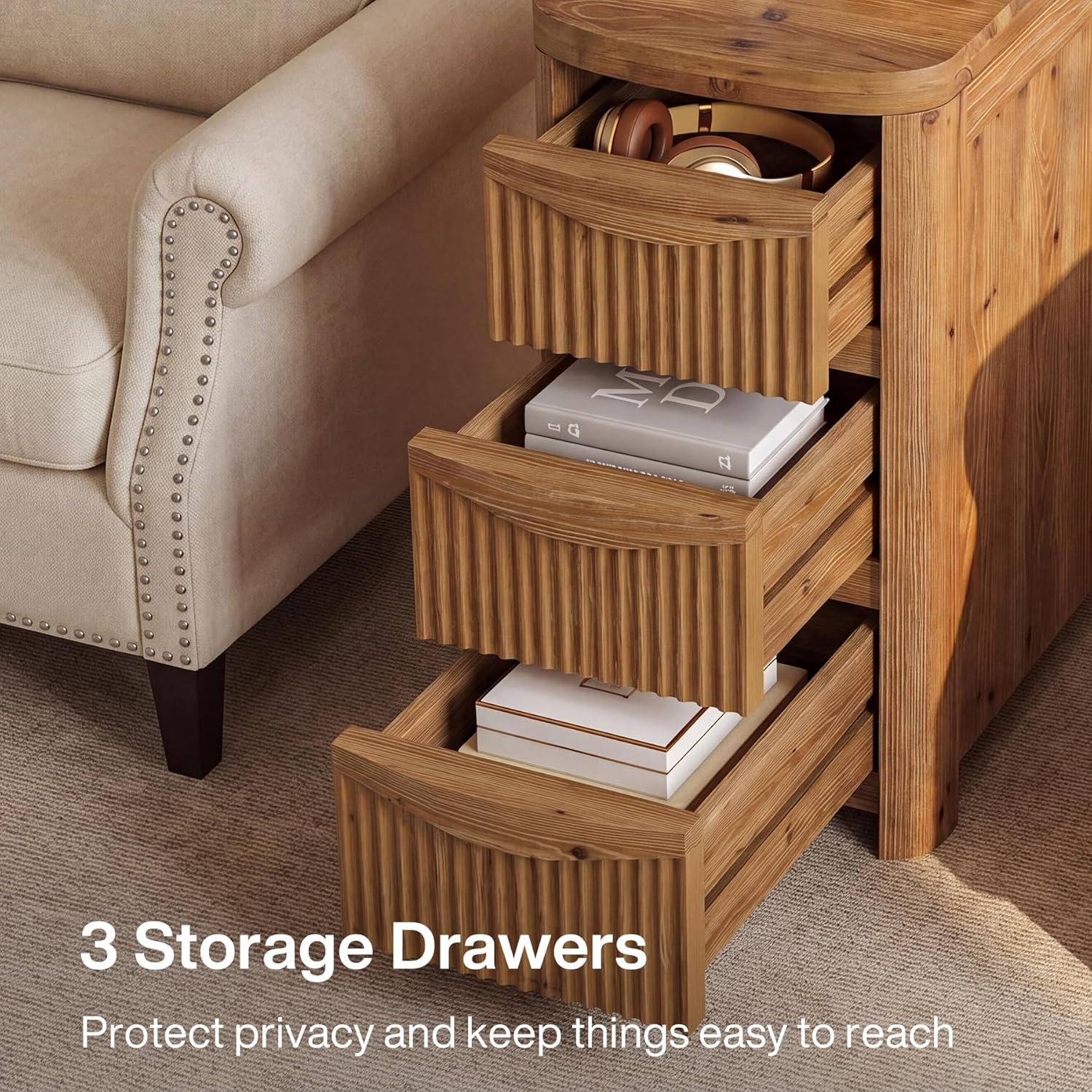 Solid Wood End Table with 3 Drawers, 24" Farmhouse Fluted Narrow Side Table, Slim Sofa Side Table for Small Spaces, Rustic Nightstand with Storage for Living Room Bedroom