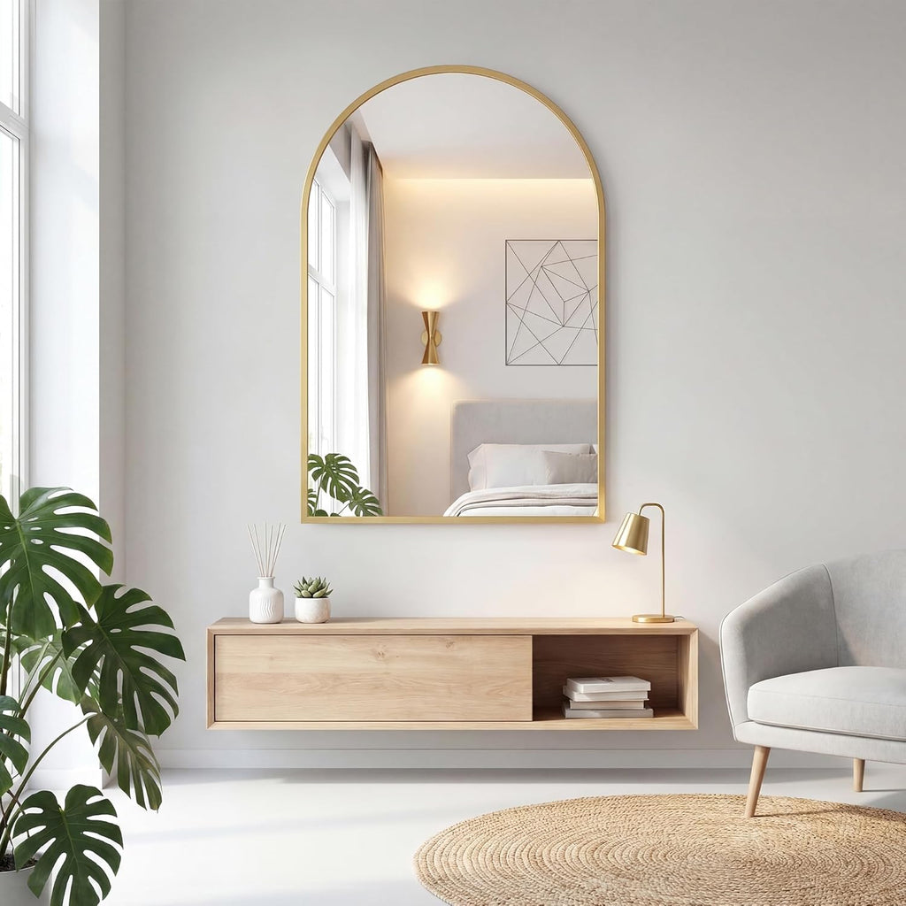NEWBULIG 22"x30" Arched Wall Mirror, Bathroom Mirrors for Over Sink, Vanity Mirror with Tempered Glass & Anti-Rust Metal Frame, Entryway, Living Room, Bedroom, Gold