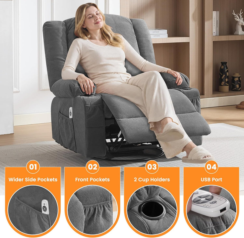 Oversized Recliner Chair with Massage and Heat for Adults, 360° Swivel Rocking Recliner, Big Seat Living Room Chair with Ergonomic Design, Cup Holders and Side Pockets