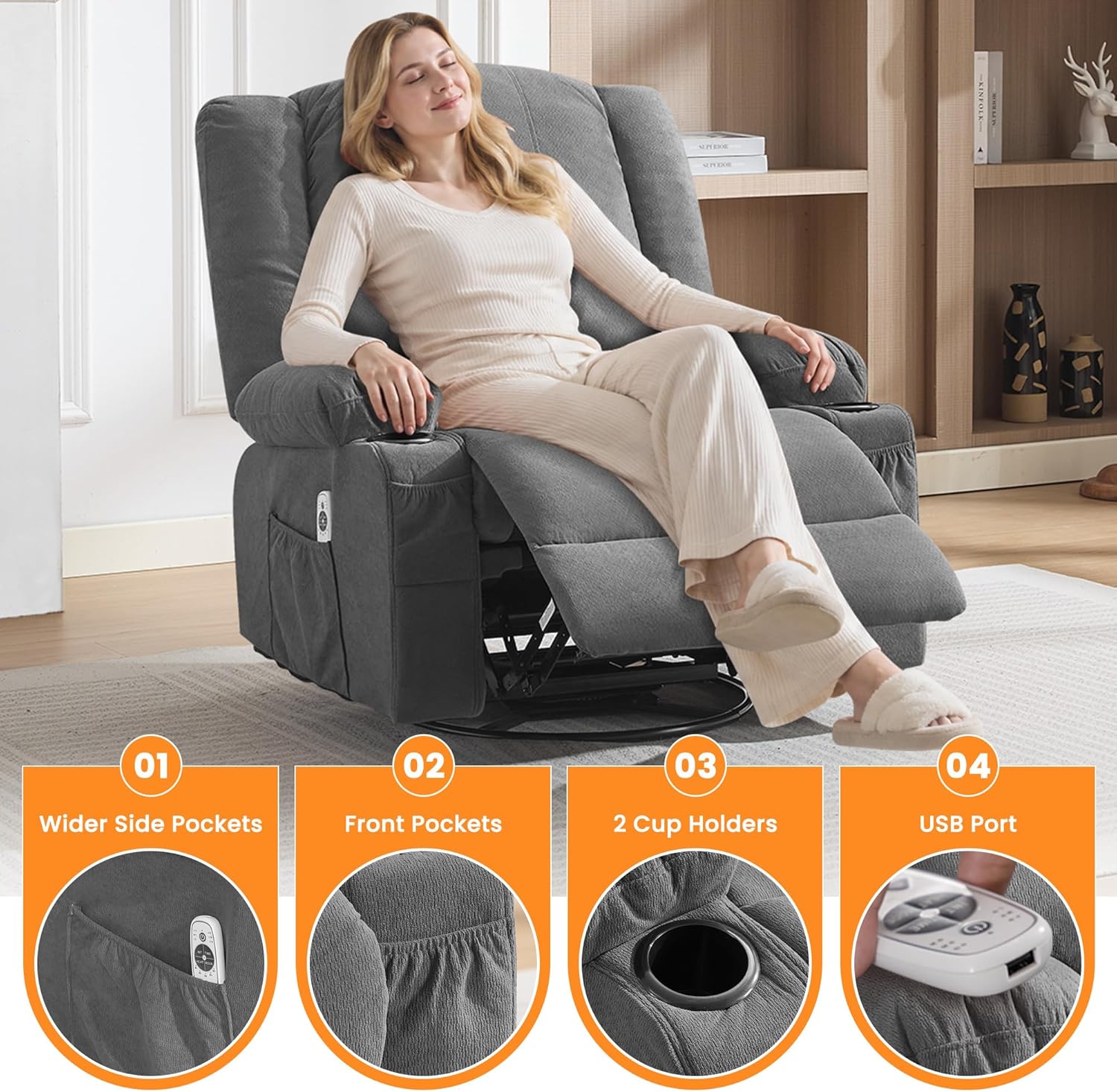 Oversized Recliner Chair with Massage and Heat for Adults, 360° Swivel Rocking Recliner, Big Seat Living Room Chair with Ergonomic Design, Cup Holders and Side Pockets