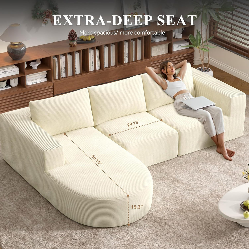 L-Shaped Boneless Couch,104" Couches for Living Room with Curved Chaise,Modular Sectional Sofa with Deep Seat,Modern Cozy Cloud Compression Sofas,No Assembly Required(Beige) 1PCS