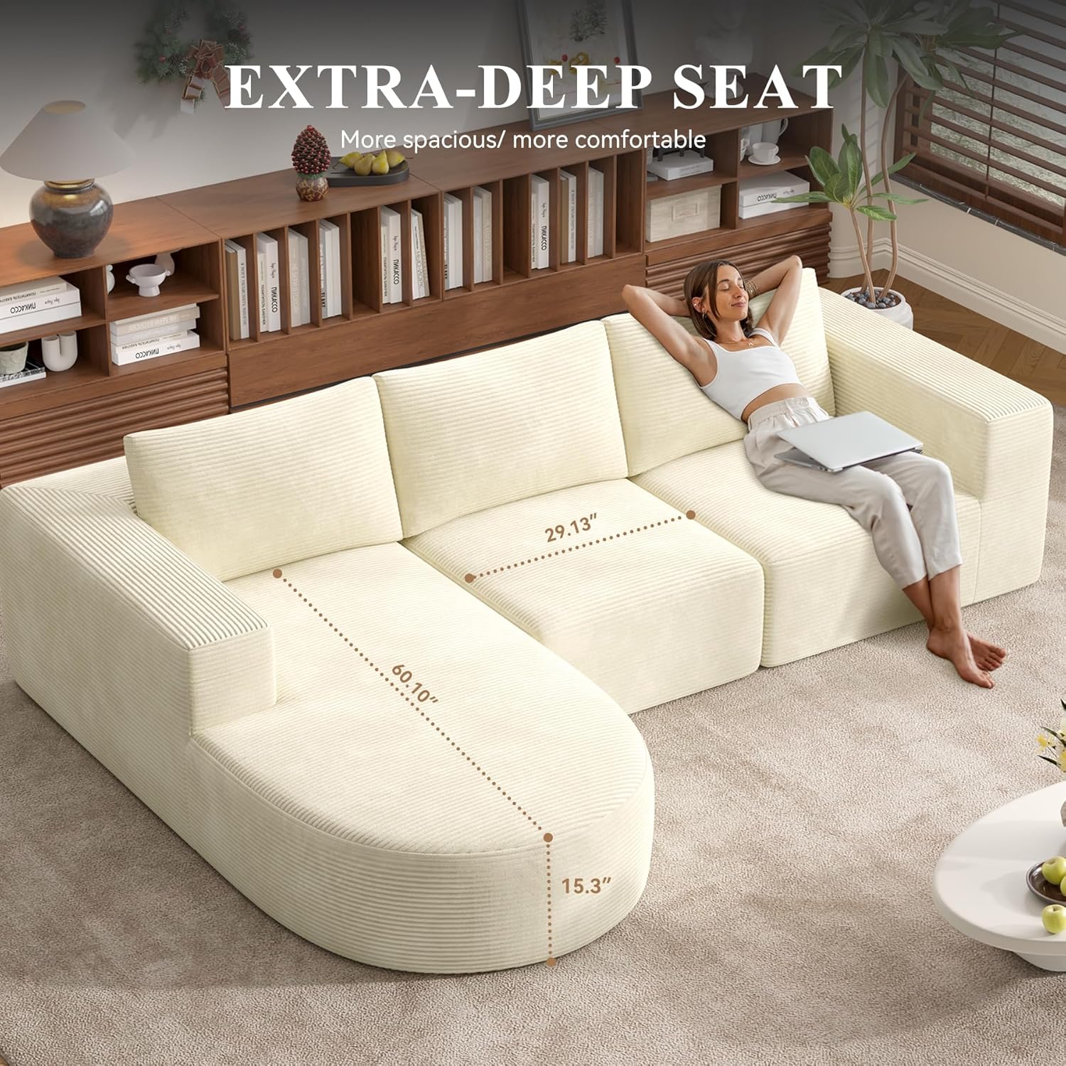 L-Shaped Boneless Couch,104" Couches for Living Room with Curved Chaise,Modular Sectional Sofa with Deep Seat,Modern Cozy Cloud Compression Sofas,No Assembly Required(Beige) 1PCS