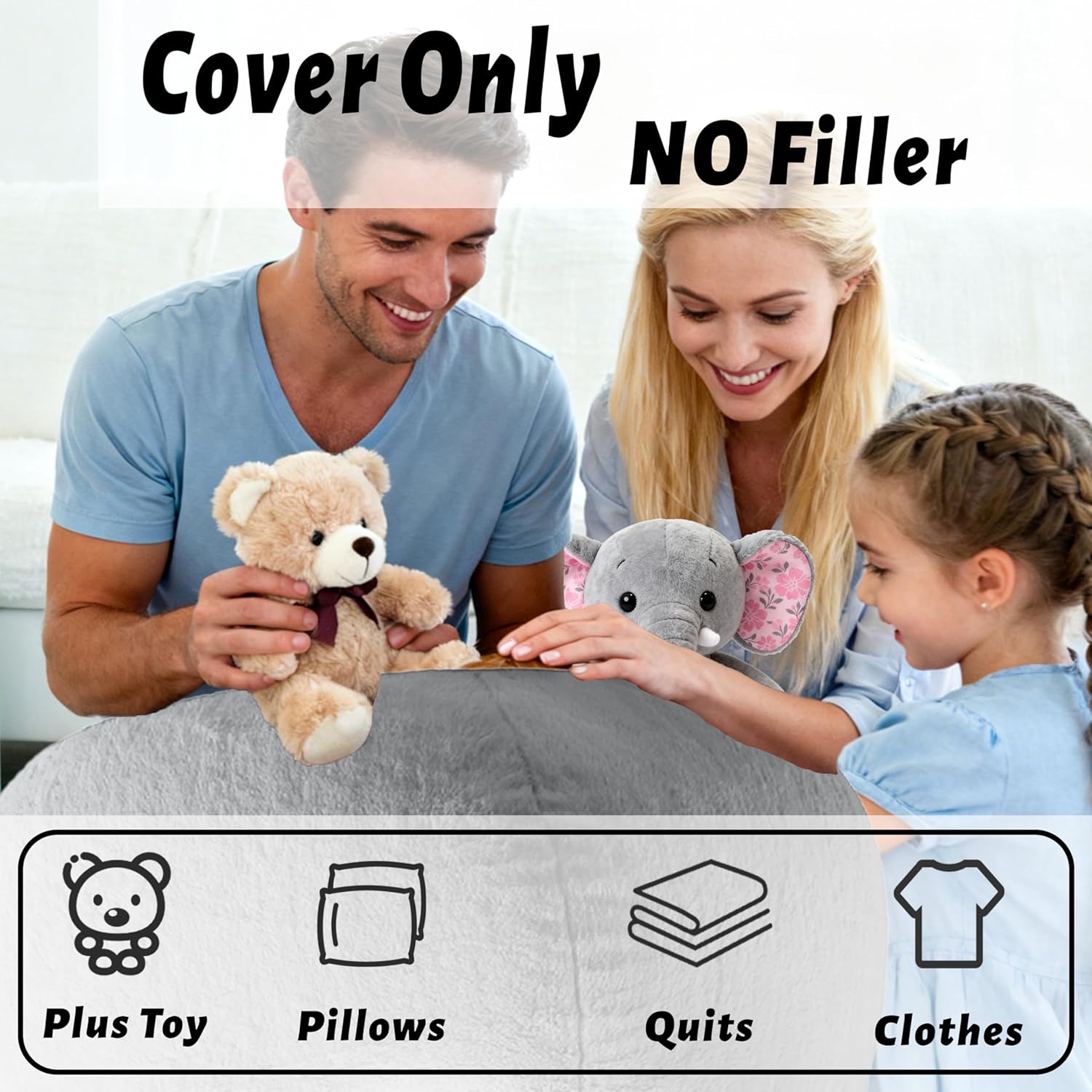 Faux Fur Comfy Bean Bag Chair Cover (No Filler), Fluffy Stuffed Animal Storage Bean Bag Covers Large Sofa for Adults, Premium Furry Fuzzy Bean Bag for Living Room Bedroom, Light Gray