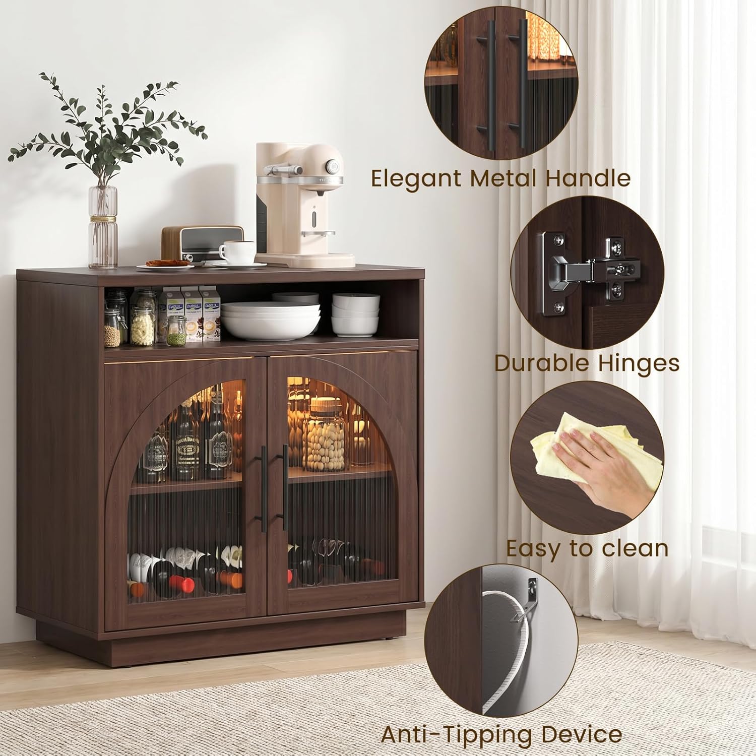 Sideboard Buffet Cabinet with Storage, 31.5" Coffee Bar Cabinet with LED Lights & Removable Wine Rack, Small Accent Cabinet with Arched Glass Doors for Kitchen/Living Room/Entryway/Dining Room, Brown