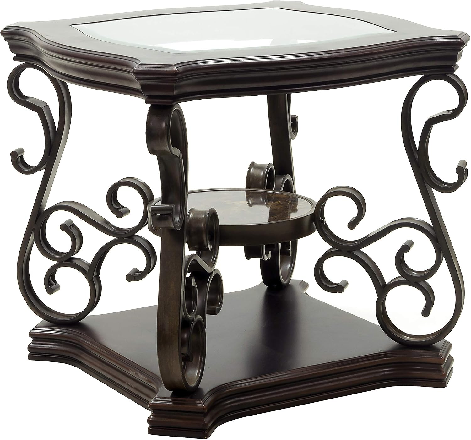 End Table with Glass Table Top, Cocktail Table with MDF and Marble Paper Middle Shelf, Sofa Table with Metal Legs for Living Room (Brown, 26.3" L*26.3" W*24" H)