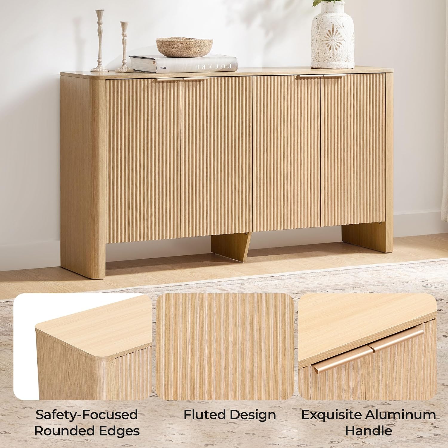 CHITA 61" Sideboard Buffet Cabinet with Storage, Living Room Accent Cabinet with Doors and Adjustable Shelves, for Bar, Kitchen, Oak