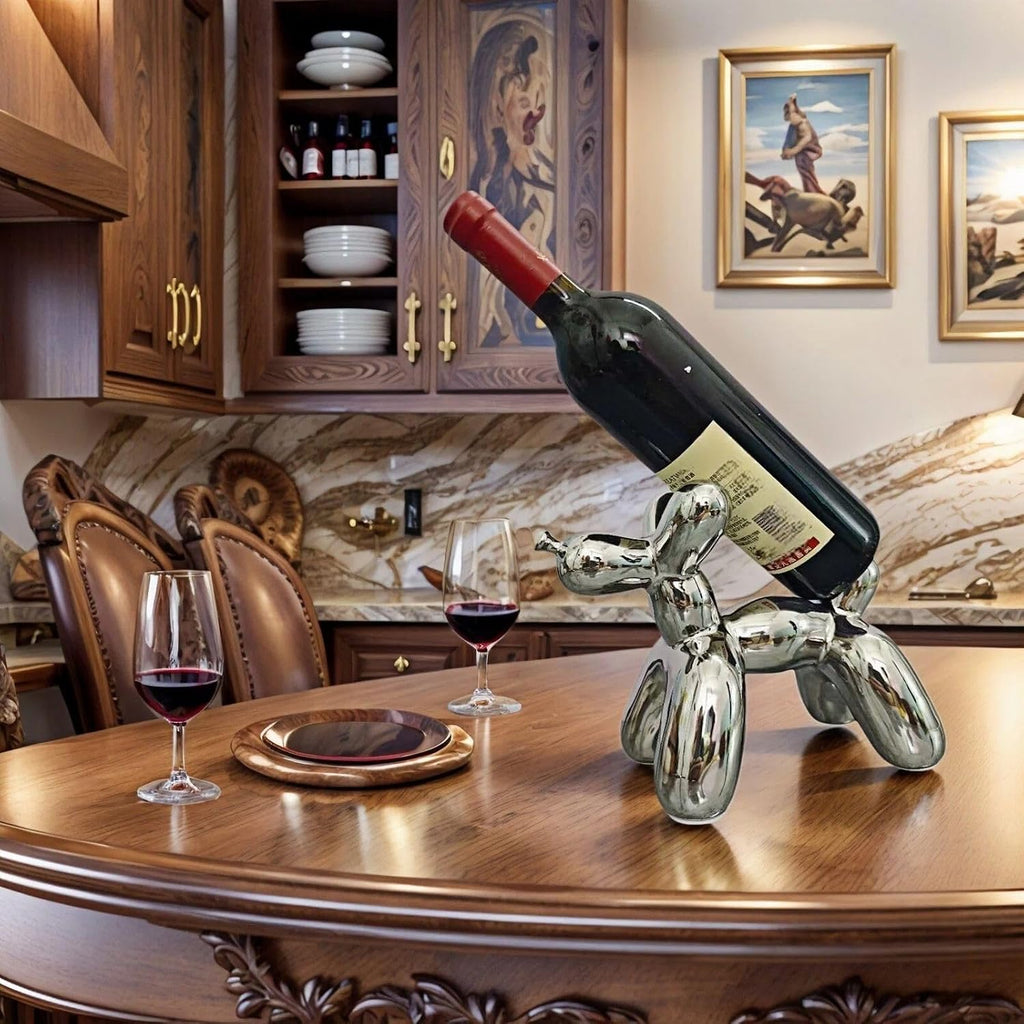 Creative Balloon Dog Wine Bottle Holder Doubles as Standalone Statue Decor and Bookend for Dog Lovers,Modern Decoration for Kitchen,Living Room,and Bar,Ceramic,Metallic Chrome Silver