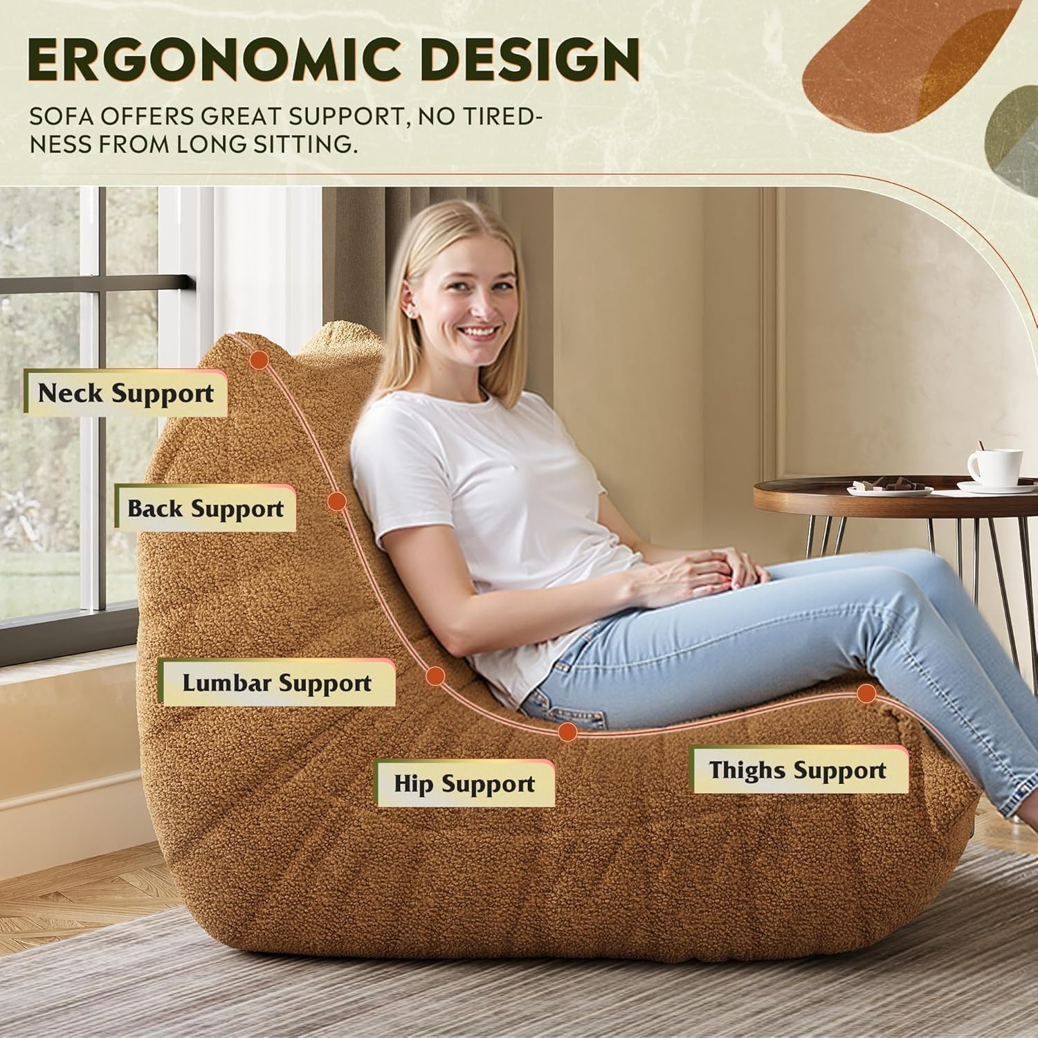 WLIVE Bean Bag Chair for Adults, Teddy Fleece Togo Chair, Giant, Memory Foam, for Living Room and Bedroom, Single, Brown
