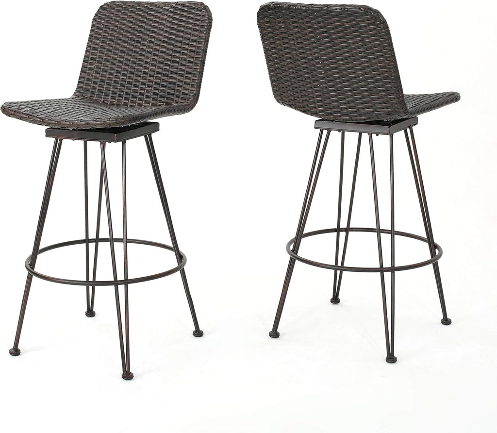 Christopher Knight Home Torrey Outdoor Wicker Barstools with Iron Frame, 2-Pcs Set, Multibrown / Black Copper