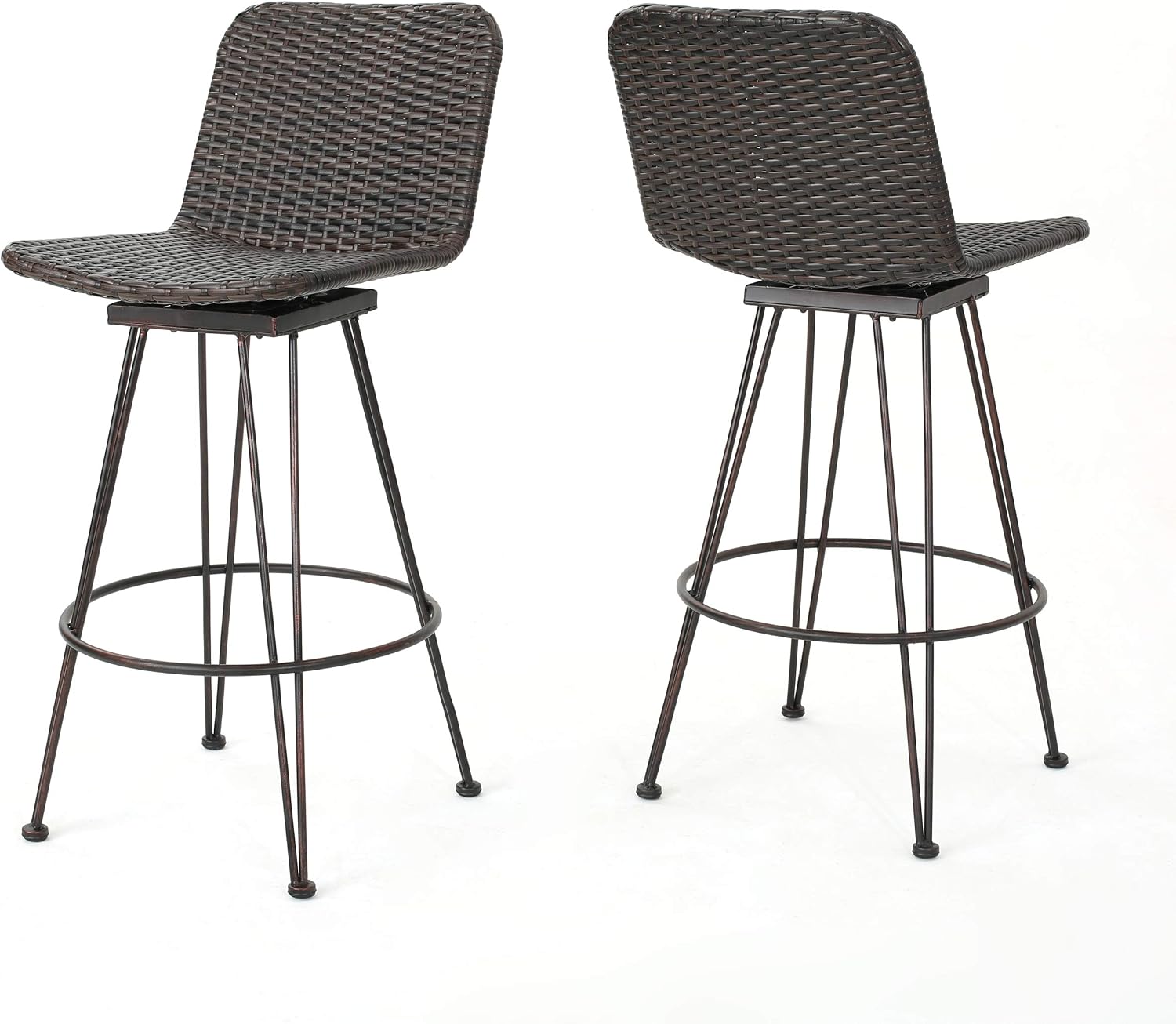 Christopher Knight Home Torrey Outdoor Wicker Barstools with Iron Frame, 2-Pcs Set, Multibrown / Black Copper