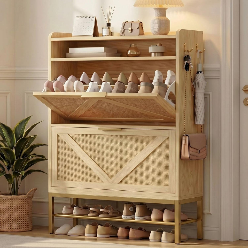 IRONCK Shoe Storage Cabinet with 2 Flip Drawers, 47.9" Tall Narrow Entryway Shoe Storage, Free Standing with 4 Side Hooks and Bottom Metal Rack, Natural Rattan Shoe Rack for Hallway and Entryway