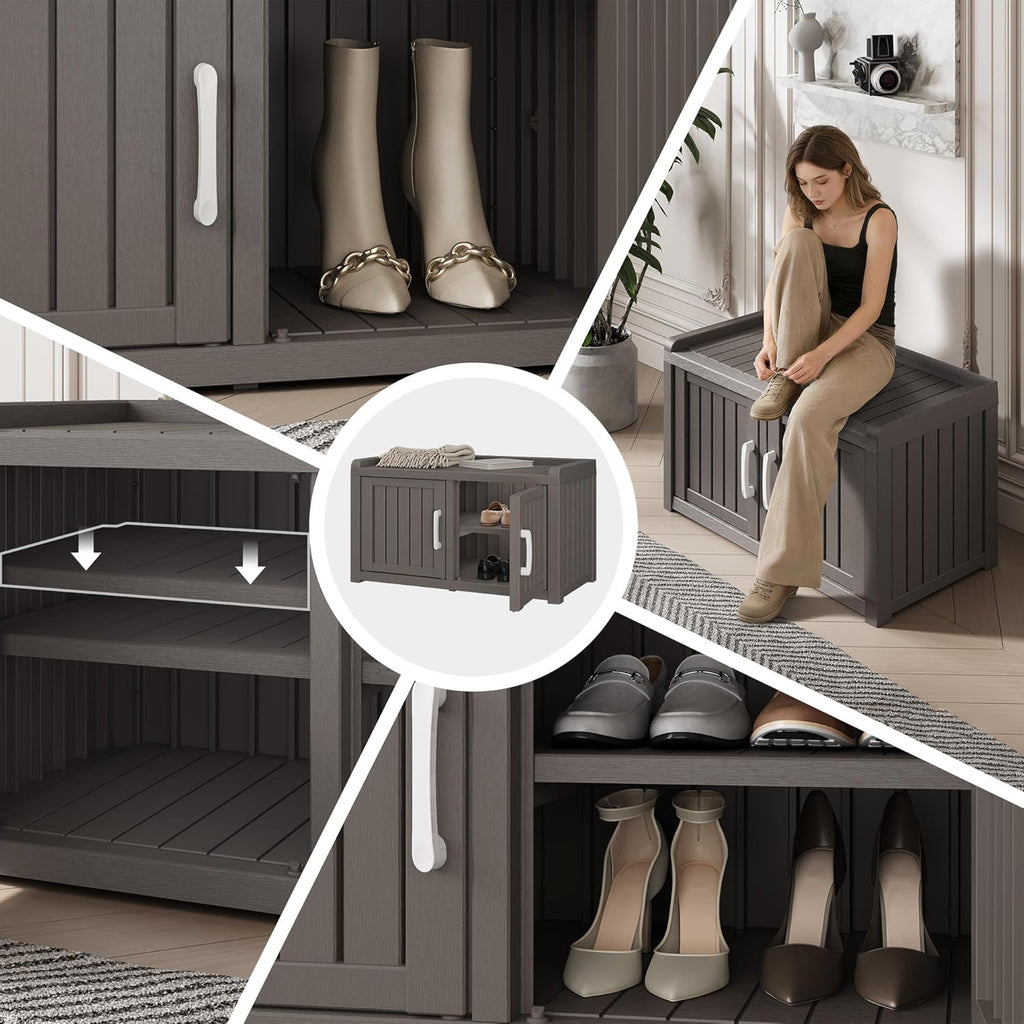 Outdoor Shoe Bench, Waterproof UV-Resistant Indoor Resin Shoe Cabinet, Entryway Shoe Storage with 2 Doors, Living Room, Bedroom, Gray (Two-Door)