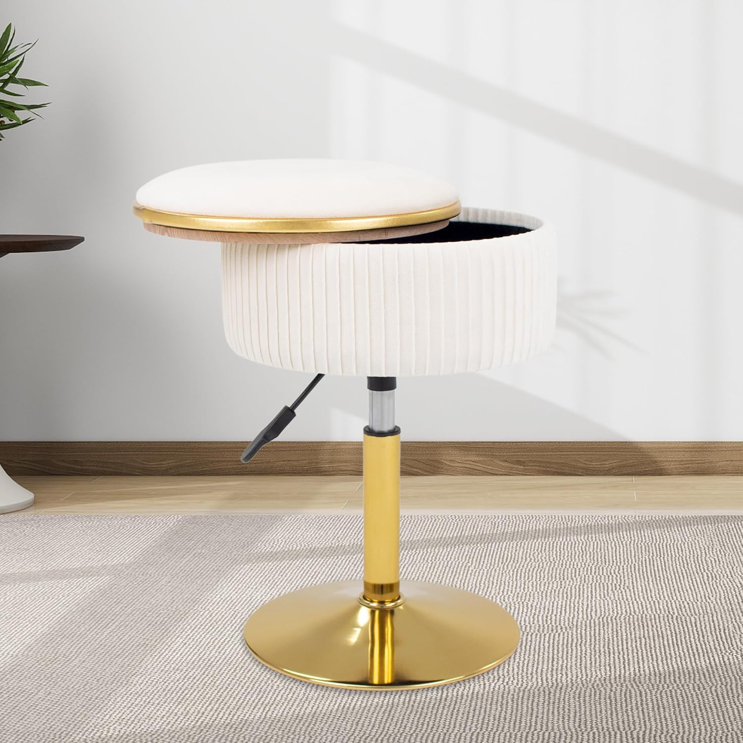 Adjustable Vanity Stool with Storage, 360° Swivel Makeup Stool Chair Small Velvet Round Ottoman with Gold Base for Bedroom (Beige)
